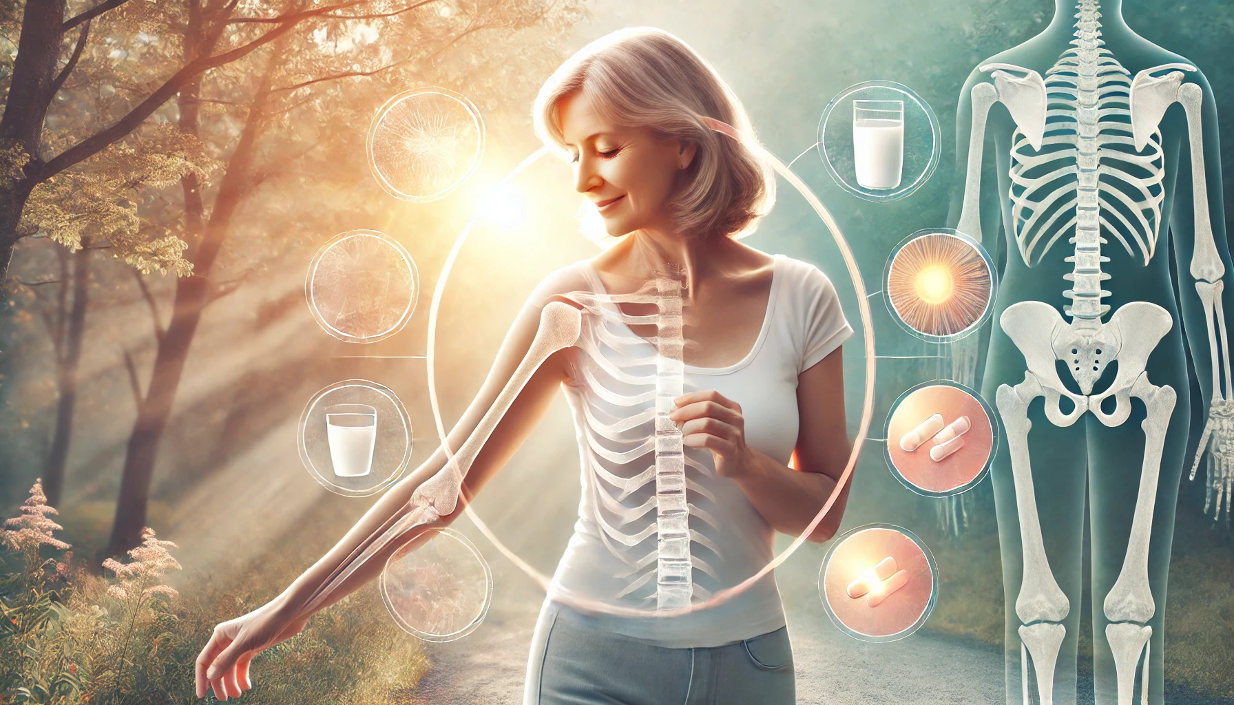 image designed for a female audience, depicting the concept of osteoporosis in a symbolic and gentle way. A middle-aged woman (ar.jpg
